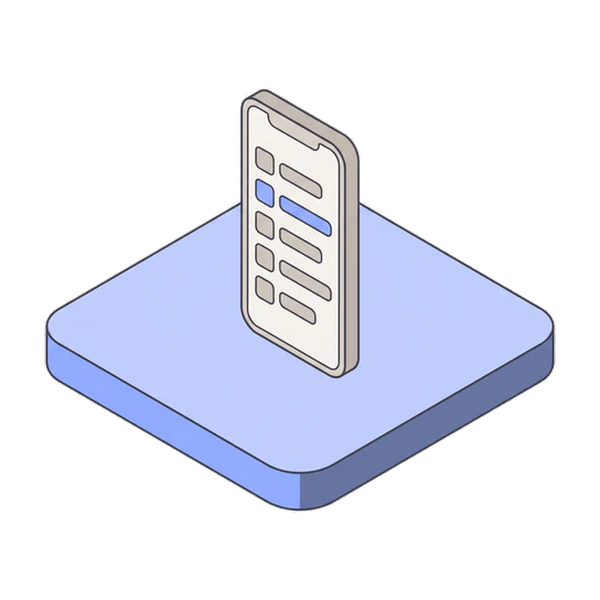 Ilustración isométrica de un celular sobre una plataforma azul.