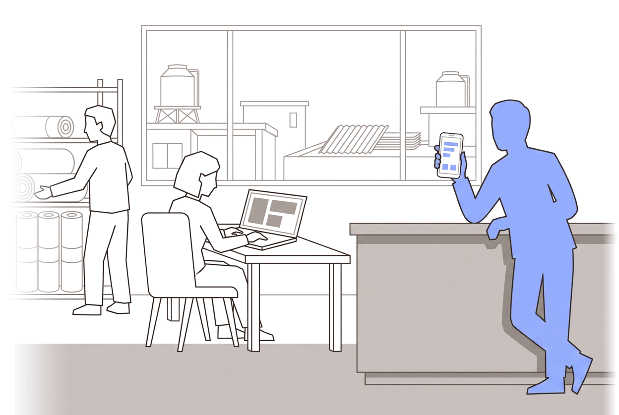 Ilustración: un cliente apoyado en el mostrador de una ferretería mira su celular mientras una empleada trabaja en la laptop.