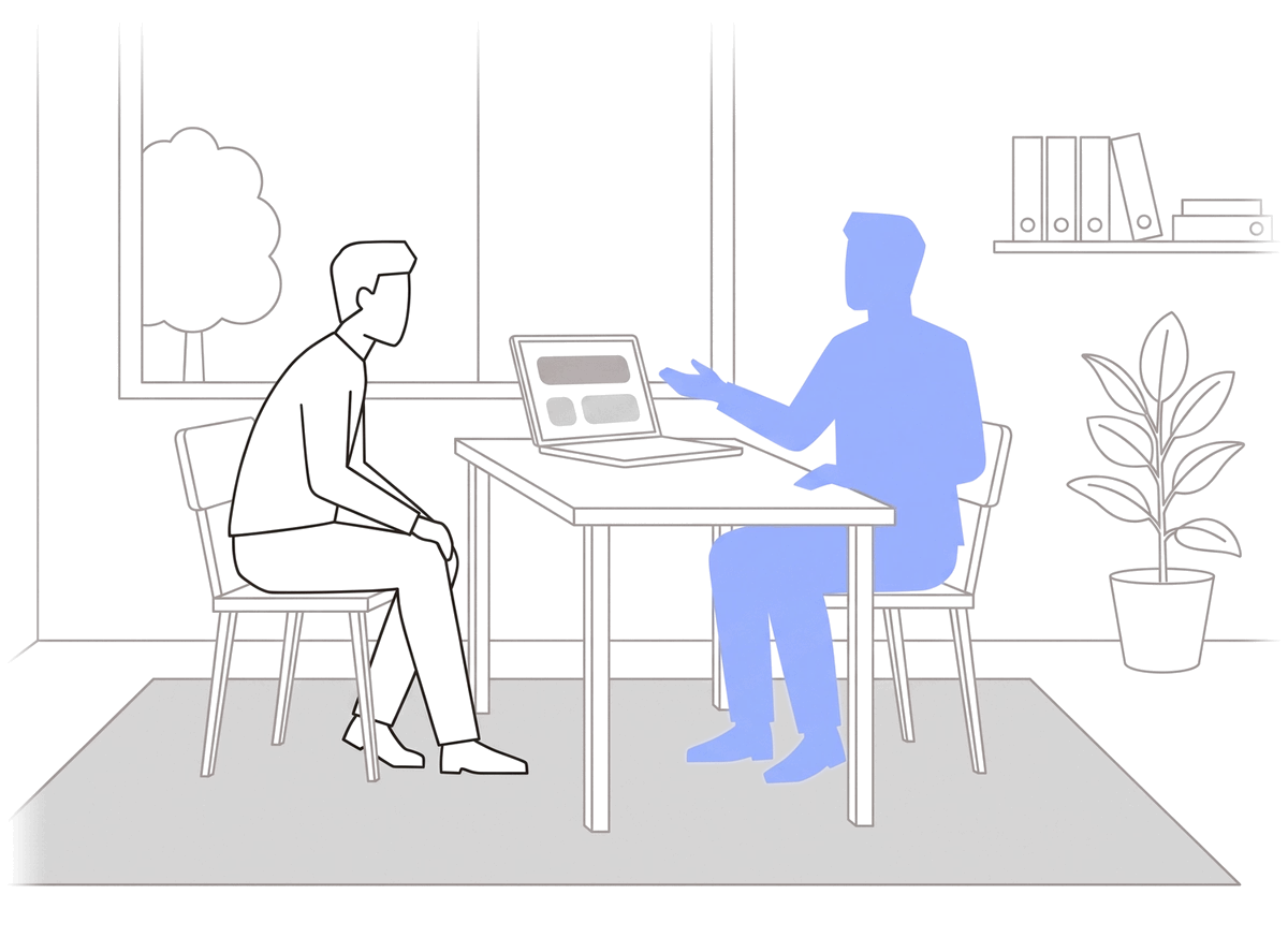 Ilustración: dos personas conversan frente a una laptop en una oficina.